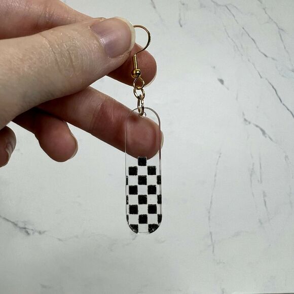Black Checkerboard Engraved Acrylic Dangle Earrings - Picture 5 of 5